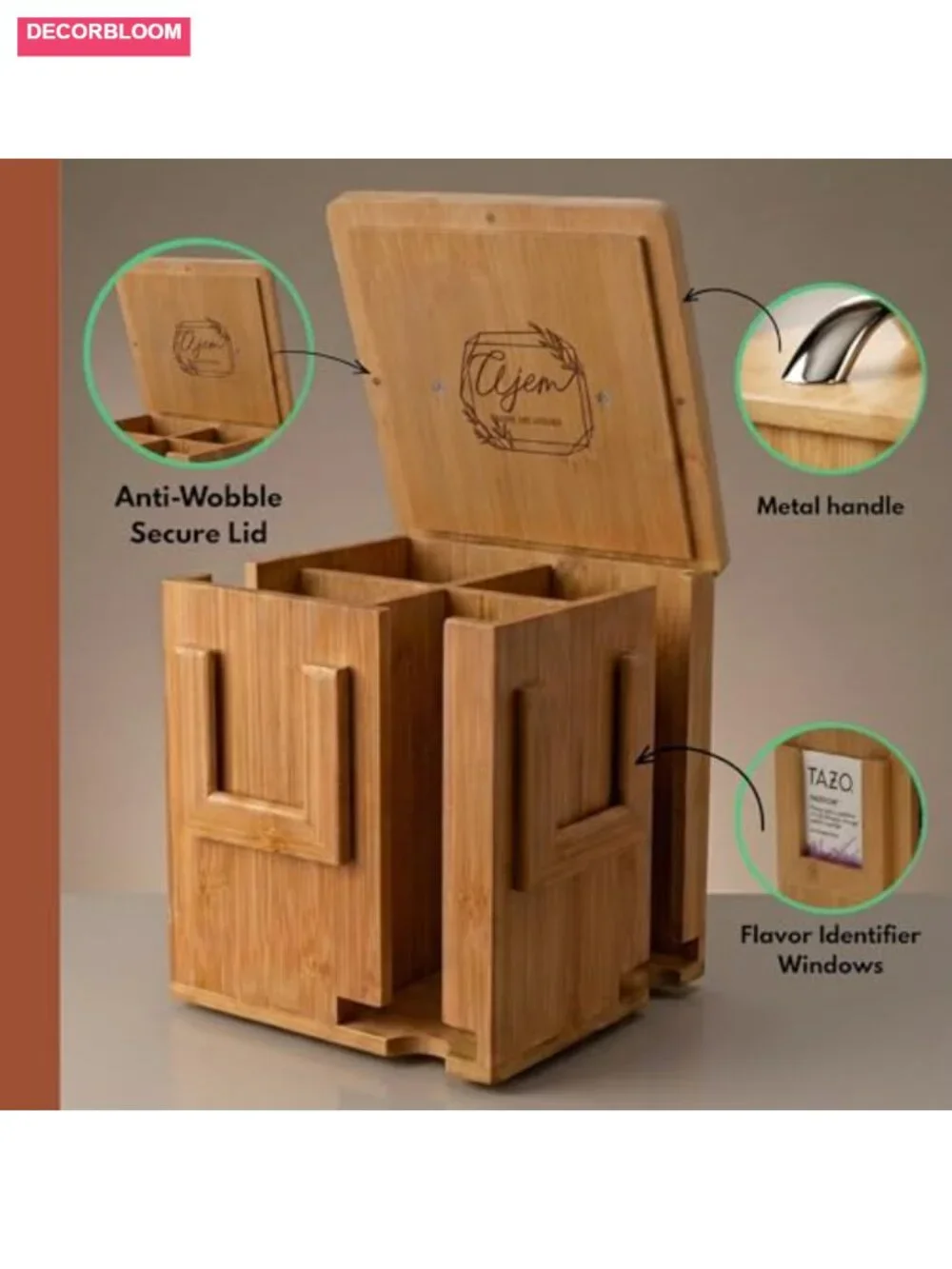 Bamboo Tea Bag Organizer, Holds 240+ Bags, Vertical Dispenser Tower with